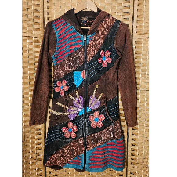 Rising International Floral Patchwork Long Hooded Boho Jacket M - Picture 1 of 5